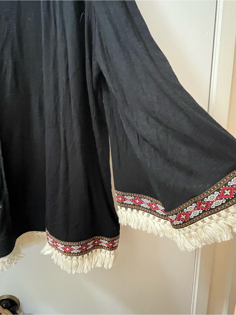 Kim & Cami Black Boho Fringe Cardigan with Red Embroidery